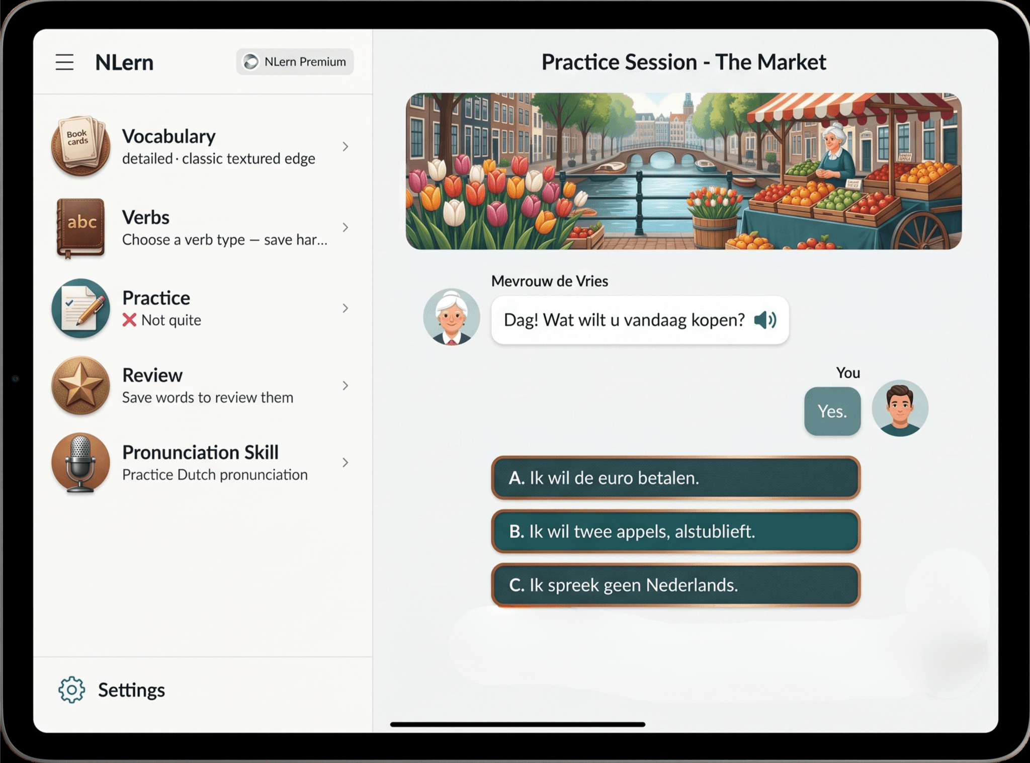 NLern practice session: a roleplay conversation at a Dutch market with multiple-choice answers